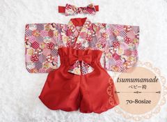 ベビー袴＆ヘアリボンセット　ハンドメイド　レッド　70-80 女の子