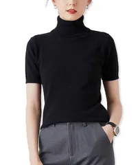 [ハベリィ] ニット タートル ネック トップス セーター ニットソー ハイネック 無地 レディース タートルネック 五分袖 カットソー カジュアル シンプル フォーマル ハンソデ ルーム ウェア ウエア インナー カワイ [ブラック] [Free Size]