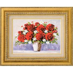 ★ 鈴木邦夫『赤いバラ（F4号）』油彩画・油絵　静物画　花と花瓶　薔薇・油絵