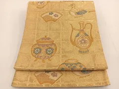 平和屋着物◎六通柄袋帯　唐織　陶器花鳥文　金糸　正絹　逸品　BAAT3477ui