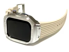 シルバーホワイト　新作 メタル ラバー カスタム apple watch ケースカバー　45mm 44mm用 ベルト　バンド　アップルウォッチ　