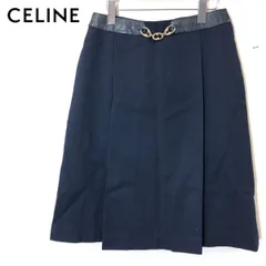 M965-F◆ old ◆ CELINE セリーヌ スカート ボトムス レザー切り替え ◆ size42 ネイビー ゴールド 古着 レディース 春