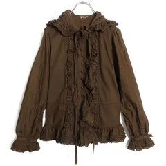 【美品】ピンクハウス★フリルたっぷり♪前開きローンブラウス フード付き はしごレース&ミニリボン♪ブラウン系 z14386