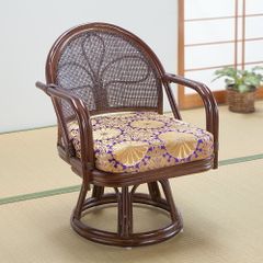 【新品※ショップ出品】天然籐金襴肘付き回転高座椅子 回転座椅子 ラタン 天然籐 和柄 和風