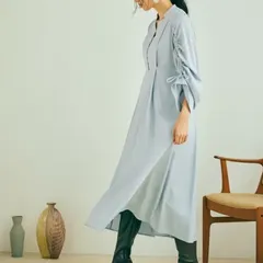 LADYMADE レディメイド ドロストスリーブ ロングワンピース FREEサイズ グレー系水色 定価 16500円 Aライン フレア 無印 シンプル レディース 春 ゴーゴー古着 久喜倉庫店 草887