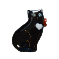 【UncleZ】　七宝焼き　ピンブローチ ねこ（赤いリボンの黒猫)