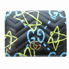 グッチ GUCCI 美品 GGマーモント ゴースト キルティング ウォレット 財布 二つ折り コンパクト レザー 黒 ブラック