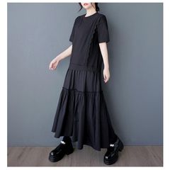 モード系 春夏ワンピース 異素材 レイヤード風 レディース ロングワンピース さりげなく オトナ女性らしい ラクな着心地 動きやすさも 美シルエットも叶える