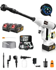 充電式 最大噴射距離10m 21V＆2本の20000mAhバッテリー 残量表示 8Mpa コードレス 搭載 750W自吸式 6in1多機能ノズル・水圧調節可 安全ロック 高圧洗浄機 フォームガン 5mホース 軽量・小型・収納ケース付 洗車 ハンディウォッシャー