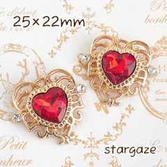 【 2個 】 25×22mm ハートセンターパーツ ストーン ビジュー レッド×ゴールドフレーム