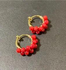 3mm 2連 赤珊瑚 コーラル フープ イヤリング K18GP アレルギー対応