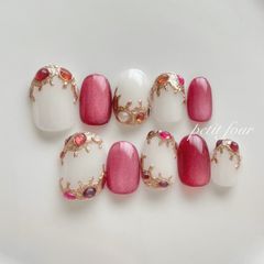 ジュエリーネイルチップ ピンクグリッター×ジュエリービジュー×ゴールドリーフの華やか