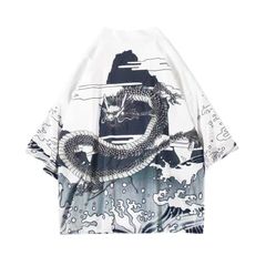 新品 [Decorative] 法被 はっぴ 龍 ドラゴン 羽織り 半纏 竜 波 海 和柄 和風 白 黒 ダンス 衣装 コスチューム 日本 かっこいい 大きいサイズ 個性的 服 ユニセックス (ホワイト ワンサイズ)