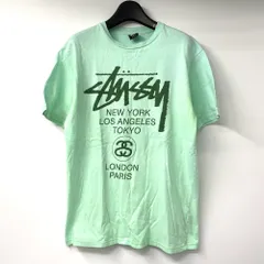 【中古】STUSSY ワールドツアーTシャツ サイズL USA製 ミントグリーン ▲ヤケ有り ステューシー[17]