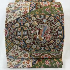 袋帯 美品 秀品 扇面 草花 金糸 箔 薄緑 六通 正絹 【中古