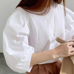 【フォーマルな場面でも】パフスリーブ シンプルブラウス ブラウス 艶感トップス 綺麗め トップスL チュール生地 ブラウスL 高見え 着やせ お呼ばれ 結婚式お呼ばれ 綺麗めカジュアル ママブラウス 通勤 ザラ イエナ