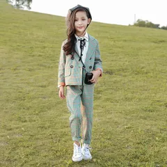 2点セット パンツスーツ 女の子 スーツ チェック ジャケット パンツ フォーマル カジュアル 学院風 キッズ 入学式スーツ 子供スーツ 卒園式 七五三 発表会 子供服 卒業式 ジュニア 女児 キッズフォーマル 春秋plyt01