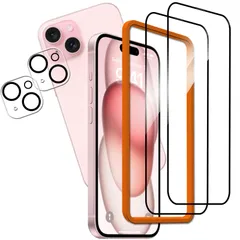 KPNS iphone 15 ガラスフィルム 【2+2枚セット】日本素材製 全面保護 iPhone15 用 ガラスフィルム アイフォン15 カメラフィルム 強化ガラス カバー いphone15 保護フィルム ガイド枠付き