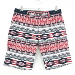 【超美品】アディダス ハーフパンツ 白×ネイビー×レッド 総柄 ウエストゴム 薄手 メンズ L/G ゴルフウェア adidas