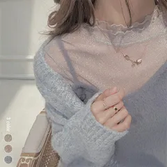 ラメ入り ハーフネック シアートップスカットソー チュール キラキラ 長袖 レディース セクシー トップス 透け 薄手 シアートップス 通勤通学 バーゲン　1A22