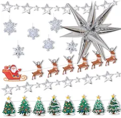 クリスマス 飾り付け 室内装飾 デコレーション サンタ スター トナカイ ガーランド おしゃれ お部屋飾り 風船 Christmas decoraions セット (シルバー)