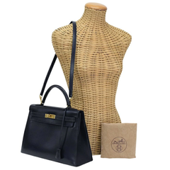 エルメス HERMES ケリー32 外縫い ボックスカーフ レザー GD金具 □B刻印 1998年 ハンドバッグ 手提げかばん トップハンドルバッグ 2WAYバッグ ストラップ付き レディース ブルーインディゴ ネイビー 正規品 美品 中古 mbj15010