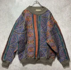 90s ヴィンテージ  VISAVIS ヴィザヴィ 総柄 ジャガード ニット セーター  レトロ バブル デザイン Lサイズ ウール混 柄ニット