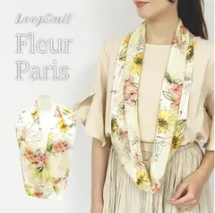 スカーフで冬華やぐ・日本製 横浜シルク KINUWA ループストール サテン シフォン シルク100% フルールパリ柄 5308