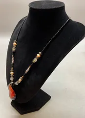 SN178 ベネチアンガラス ペンダント フラワーモチーフ ビーズチェーン ネックレス パール ルチルクオーツ 水晶 首周り 46cm 重さ 26.5g