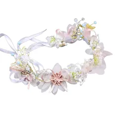 サムコス 髪飾り 花 パール 花かんむり リボン ホワイト ヘッドドレス クリスタルビーズ 花冠 ヘアアクセサリー 結婚式 発表会 披露宴 卒業式 パーティー ダンス 和装 撮影 写真 子供 大人用 (B) 0