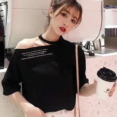 ワンショルダー ブラウス Tシャツ 半袖 オープンショルダー デザイン カットソー トップス ストリート 原宿系 韓国 春夏秋 ラメ入り 可愛い レトロ モノトーン#cupload111082