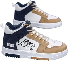 お洒落なファッションと雑貨fuwashop スニーカー メンズ ハイカット 厚底 3cm ストリート系 韓国ファッション 通気性 滑り止め カジュアル(ホワイトxベージュxネイビー,  25.5 cm)