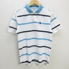 H■ユーエスポロアッスン/U.S. POLO ASSN ボーダー柄 半袖ポロシャツ 鹿の子地【L】白水色/MENS■88【中古】
