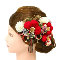 髪飾り 成人式 水引 つまみ細工 赤 振袖 前撮り 袴 花 3点セット 白 ピンク ゴールド マルチカラー ちりめん 一本差し 房 房付 No.9-4950