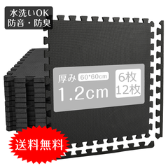ジョイントマット 60x60x1.2cm 12枚セット 大判 厚手 防音マット 水洗いOK サイドパーツ付き 運動 遊び 猫 犬 子ども ダンス 床保護 ヨガ用品 フロアマット ジョイント トレーニングマット 筋トレ 黒い（HM-637）