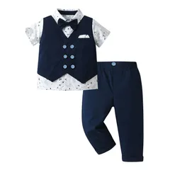  男の子服子供服 キッズ服 フォーマル 子供スーツ ベビー服 半袖シャツ（フェイクベスト）+ズボン 2点セット 夏 ブリティッシュスタイル タキシード風 卒園式 入園式 七五三 お宮参り 結婚式 入学式 90 100 110 120 130 140cm