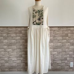 【Ｗガーゼ】サイドリボンのエプロンワンピース　綿麻Ｗガーゼ草花　リネン