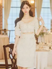 ベージュ[JN-012]【JENNNY / ジェニー】ツイード/ フリンジ/ パールビジュー/ ウエストカット/ オフショルダー/ 膝丈/ ミディドレス/ ミニドレス/ ワンピース/ キャバドレス