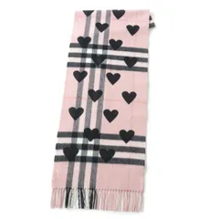 極美品★BURBERRY バーバリー 4042382 ハート×チェック カシミヤ100% フリンジ付き マフラー レディース ピンク×ブラック 168cm×30cmのサムネイル