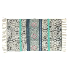 【TOMO CORPORATION】刺繍マット ガルファブリック 48×83cm フリンジ付き ラグ 玄関マット 室内 屋内 リビング インテリア アクセント 小さめ ﾌﾞﾙｰﾗｲﾝ ｲﾝﾄﾞ