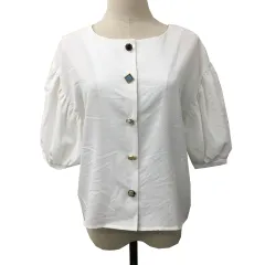 レイカズン Ray cassin ジャケット ノーカラー 無地 ビジューボタン 薄手 パフスリーブ 五分袖 F 白 ホワイト