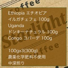コーヒー豆3種　100gx3  農薬化学肥料不使用