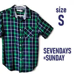 SEVENDAYS=SUNDAY 半袖カジュアルシャツ　チェック柄ポケット付き　レディース　Sサイズ　みどり×ネイビーのサムネイル