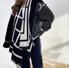 【新品未使用】大判ストール ショール マフラー ブランケット ひざ掛け バイカラー おしゃれ 幾何学 ブラック アイボリー ショール