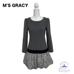 ☆美品☆ M'S GRACY エムズグレイシー ワンピース 長袖 切り返し スカート ひざ丈 カジュアル レディース グレー ストライプ 38 v-69 送料無料