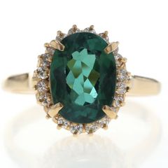 K18YG イエローゴールド リング グリーントルマリン 3.85ct ダイヤモンド 0.33ct 取巻 指輪 14号 鑑別書【新品仕上済】【zz】【中古】
