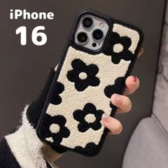 【iPhone16】ケース 花 韓国 もこもこ ふわふわ おしゃれ 可愛い 花柄 モノトーン