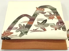 平和屋着物●九寸名古屋帯　型染め　遠山紅葉文　薄卵色　鬼しぼ縮緬　逸品　DAAW6865ob