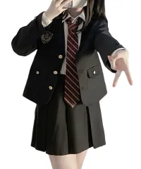新品 [QOOLY] 女子高生 制服 コスプレ 黒 ブレザー プリーツスカート ネクタイ 長袖シャツ 4点セット 女子高校生 JK 本格制服 学生服 コスチューム 仮装 スクールスーツ 学園祭 文化祭 卒業式 入学式