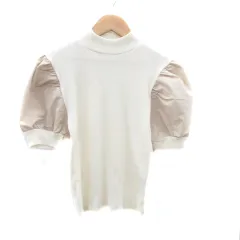 ザラ ZARA ニット カットソー ハイネック 半袖 パフスリーブ 切替 M オフホワイト 茶色 ブラウン /HO23